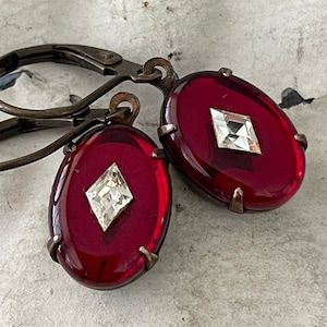 Vintage Garnet Crystal Earrings, Diamond Inset Marquise Design