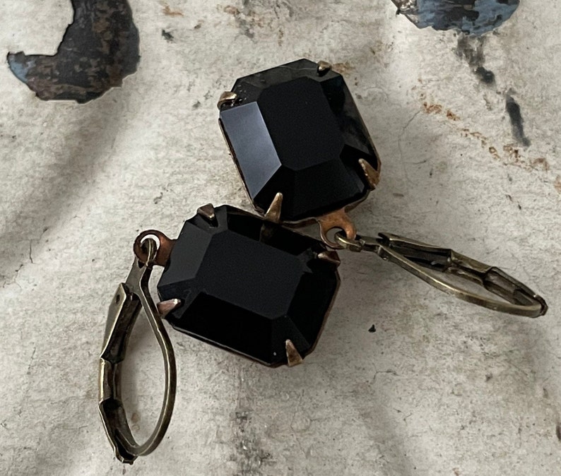 Black Dangle Earrings Vintage Crystal Jet Black Earrings Vintage Opaque Black Glass Stone Earrings Basic Black Earrings Gift For Her image 7