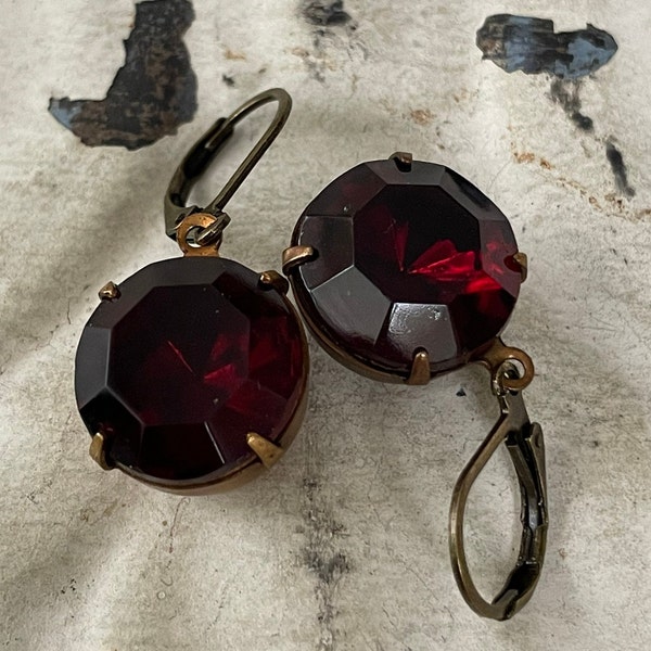 Garnet Earrings Large Round Vintage Garnet Rhinestone Earrings Deep Red Dangle Earrings Marsala Earrings January Birthstone Valentine's Day