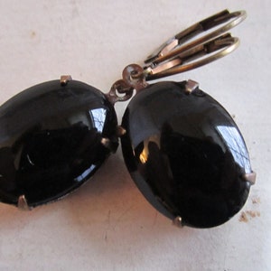 Black Earrings Noir Dangle Earrings Vintage Opaque Black Oval Earrings Vintage Smooth Top Glass Stone Gift For Her Gift For Girlfriend image 8