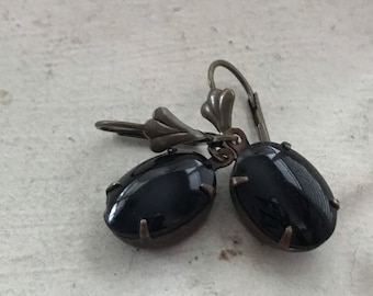 Black Earrings Vintage Smooth Top Opaque Black Oval Earrings Midnight Black Earrings Dangle And Drop Noir Oval Earrings Gift For Her