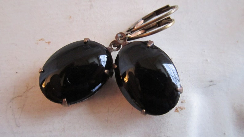 Black Earrings Noir Dangle Earrings Vintage Opaque Black Oval Earrings Vintage Smooth Top Glass Stone Gift For Her Gift For Girlfriend image 2