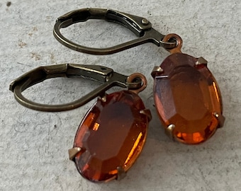 Boucles d'oreilles orange vintage, topaze de Madère, boucles d'oreilles en strass translucides, boucles d'oreilles pendantes orange, boucles d'oreilles simples et douces, cadeau pour elle