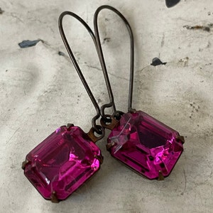 Vintage Fuchsia Rhinestone Dangle Earrings - Hot Pink Crystal