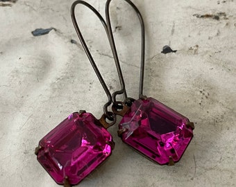 Fuchsia Earrings Hot Pink Dangle Rhinestone Earrings Vintage Fuchsia Crystal Earrings Gift For Her Gift For Girlfriend