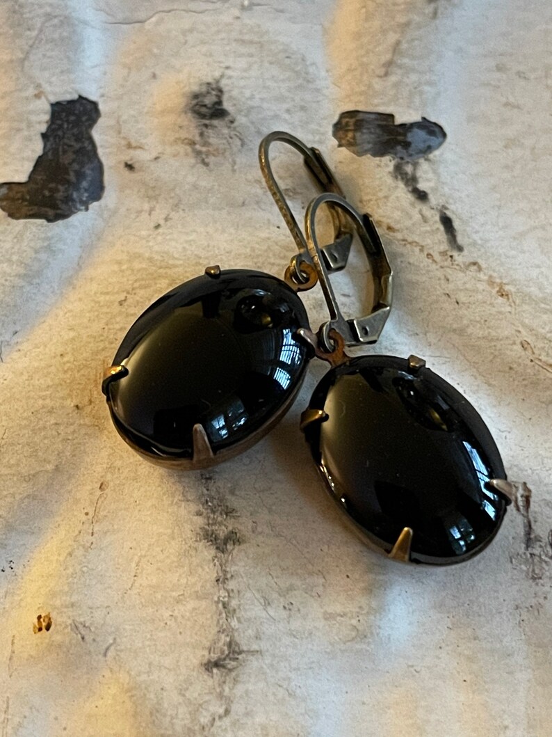 Black Earrings Noir Dangle Earrings Vintage Opaque Black Oval Earrings Vintage Smooth Top Glass Stone Gift For Her Gift For Girlfriend image 10