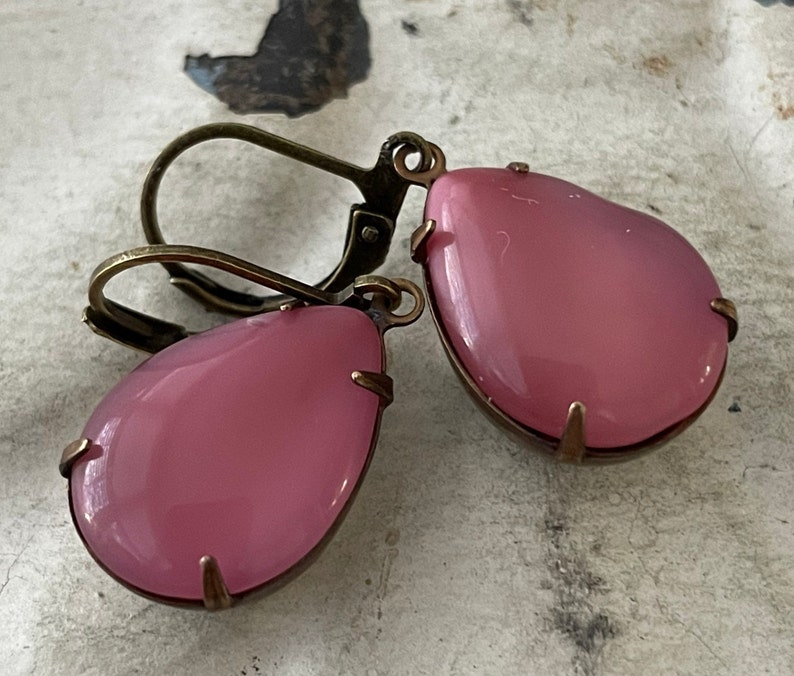 Pink Earrings Vintage Pink Moonstone Earrings Pink Opaque Earrings Rose Teardrop Earrings Mauve Dangle And Drop Earrings Gift For Her image 2