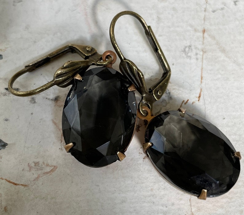 Black Diamond Dangle Earrings Vintage Black Diamond Translucent Oval Earrings Black Gray Green Neutral Rhinestone Earrings Griege Earrings image 1