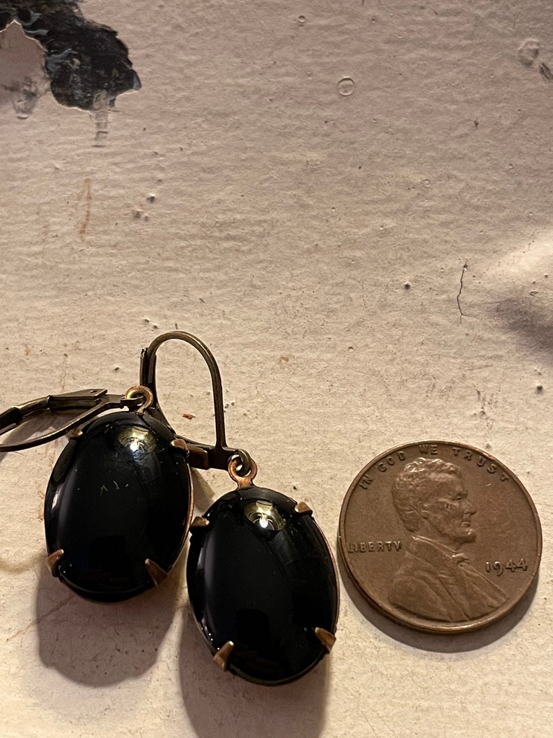 Black Earrings Noir Dangle Earrings Vintage Opaque Black Oval Earrings Vintage Smooth Top Glass Stone Gift For Her Gift For Girlfriend image 4