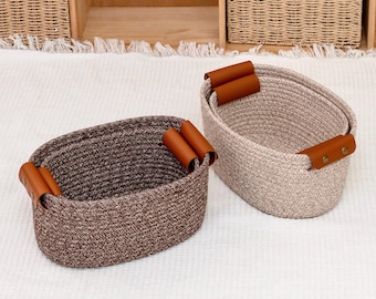 Brown Beige Woven Cotton Rope Storage Basket, Leather Handles, Large Small, Boho Farmhouse Organizer