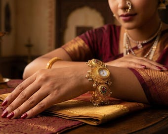 Reloj de pulsera Heritage Gold Pearl Gemstone Diamond Bracelet, accesorio de moda único con temática floral tradicional KW0018
