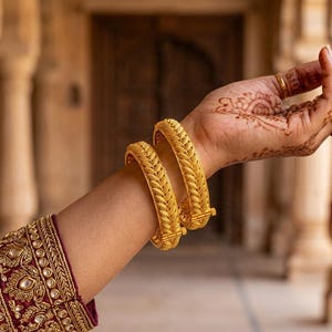 May include: A person's arm displays two thick, gold bangles with a woven pattern. The hand is decorated with henna and rings. A maroon garment with gold embroidery is also visible. The bangles are a beautiful example of jewelry.