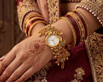 Reloj de pulsera Heritage Gold Pearl Gemstone Diamond Bracelet, accesorio de moda único con temática floral tradicional KW0020