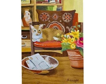 Ginger Cat Miniature ACEO Art, Gouache Painting Print, Cozy Interior Scene, 2.5 x 3.5 inches