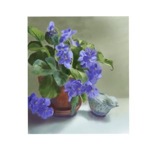 May include: A still-life painting of a potted African violet plant with vibrant purple flowers and green leaves. A small, decorative bird-shaped container sits beside the plant. The painting has a soft, muted color palette.