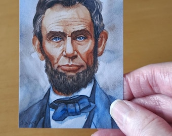 Abraham Lincoln president ACEO art, miniature watercolor portrait print, 2.5 x 3.5 inches