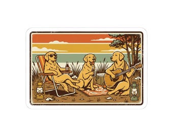 Golden Retrievers Camping Sticker | Kiss-Cut Vinyl Sticker, Retro Sunset