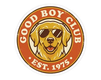 Good Boy Club dog logo Kiss-Cut Sticker | golden retriever decal, retro circle design