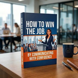 May include: A hardcover book titled How to Win the Job by Communicating with Confidence by Sarah Jenkins. The cover features an illustration of a person speaking at a podium before an audience in a blue suit against a city skyline background.