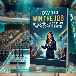 May include: A book titled How to Win the Job by Communicating with Confidence, featuring an illustration of a person speaking at a podium. The cover includes the text Success, Confidence, Impact, Leadership, and Job. The author is Sarah J. Anderson.