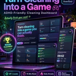 May include: A digital ADHD-friendly cleaning dashboard displayed on a laptop and smartphone. The interface features gamified cleaning tasks, progress tracking, and the text "Turn Cleaning Into a Game." The design incorporates a purple and teal color scheme.
