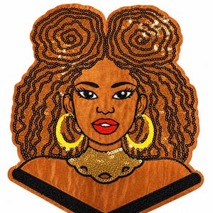 LARGE Black Woman Natural Hair Iron-On Patch | Sequin Embroidered Curly Hair Woman Patch | Black Girl Magic Jacket Patch | 8 x 9 Inches