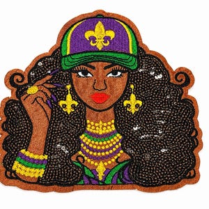 Large Mardi Gras Girl Sequin Iron On Patch, Festival Fashion Applique for Denim Jackets, Tote Bags, Backpacks, DIY Clothing Decor