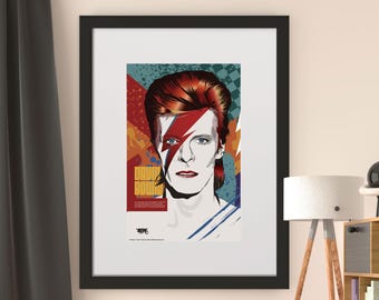 David Bowie Framed Illustration Poster, Ziggy Stardust Wall Art, Premium Framed Print, Bowie Lightning Bolt Artwork, Ready to Hang