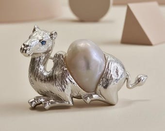 Sterling Silver Lying Camel Brooch, Natural Freshwater Pearl, Desert Animal Jewelry