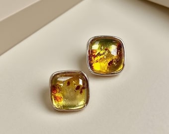 Vintage Natural Amber Stud Earrings | Handmade Fine Silver Accessories