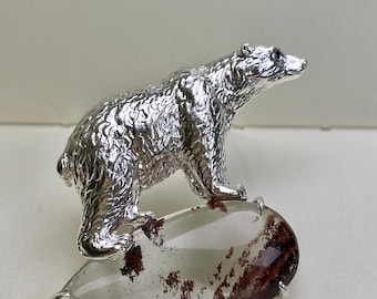 Handcrafted 925 Sterling Silver Polar Bear Brooch with Natural Crystal