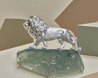 Majestic Wild Lion Lapel Pin ,Handcrafted 925 Silver with Natural Rough Jade