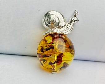 Natural Amber Snail Necklace | Artisan 925 Sterling Silver Wildlife Jewelry