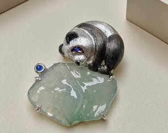 Handmade Natural Jade Panda Brooch, Sterling Silver Nature Animal Pin