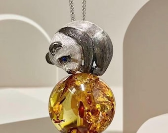 Vintage Natural Amber Red Panda Pendant | Minimalist Artisan Silver Charm