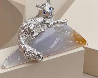 Delicate Hand Carved Jade Fox Brooch, Natural Jade & Sterling Silver Ornament