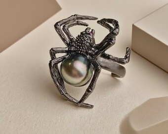 Unique Dark Style Spider Ring | Natural Sea Pearl 925 Silver Fashion Jewelry