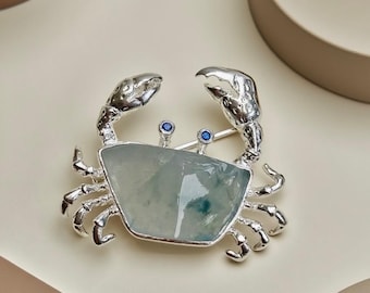 Vintage Ocean Crab Gem Brooch, Natural Raw Jade Silver Pin
