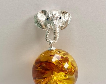 925 Sterling Silver Elephant Head Necklace, Handmade Elephant Pendant with Amber Bead, Elegant Animal Gemstone Jewelry