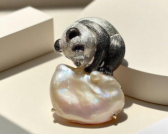 Red Panda Playing Ball Brooch Pendant, Natural Freshwater Pearl, 925 Sterling Silver Convertible Jewelry
