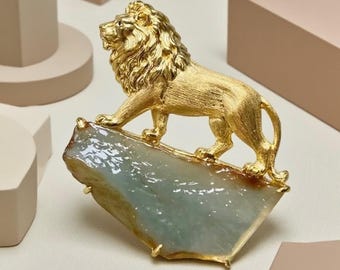 Vintage Luxury Golden Lion Lapel Pin, Natural Raw Jade Silver Brooch