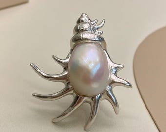 Handmade Conch Pearl Pendant, Sterling Silver Seashell Necklace Charm, Elegant Ocean Jewelry