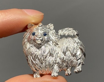 Handmade Sterling Silver Pomeranian Brooch Pendant, Vivid Fluffy Puppy Convertible Jewelry