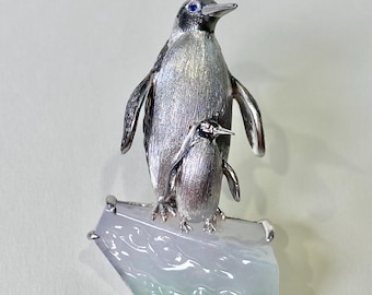 Parent-Child Penguin Brooch, Sterling Silver Natural Raw Jade Ornament