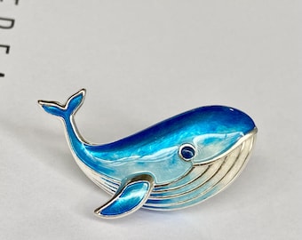 Unique Marine Animal Brooch， Handmade Enamel Whale 925 Silver Pin
