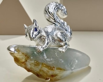 Sterling Silver Squirrel Brooch, Natural Raw Jade Pin, Wildlife Jewelry