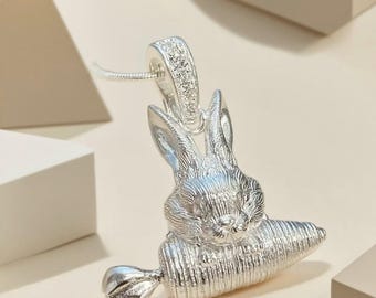 Handmade Sterling Silver Rabbit Carrot Pendant, Minimalist Animal Necklace for Her