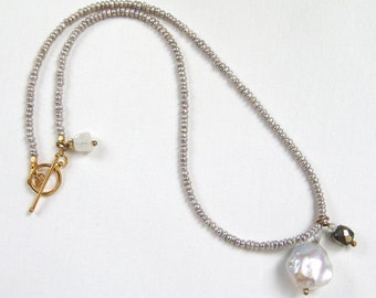 Delicate  Silver Seed Pearl Necklace with a Baroque and Onyx Pendants