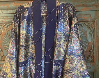One of a Kind  Charmeuse  Kimono Jacket in Royal Printed Silk