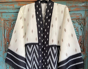Black and White Geometric Print Silk Linen Jacket